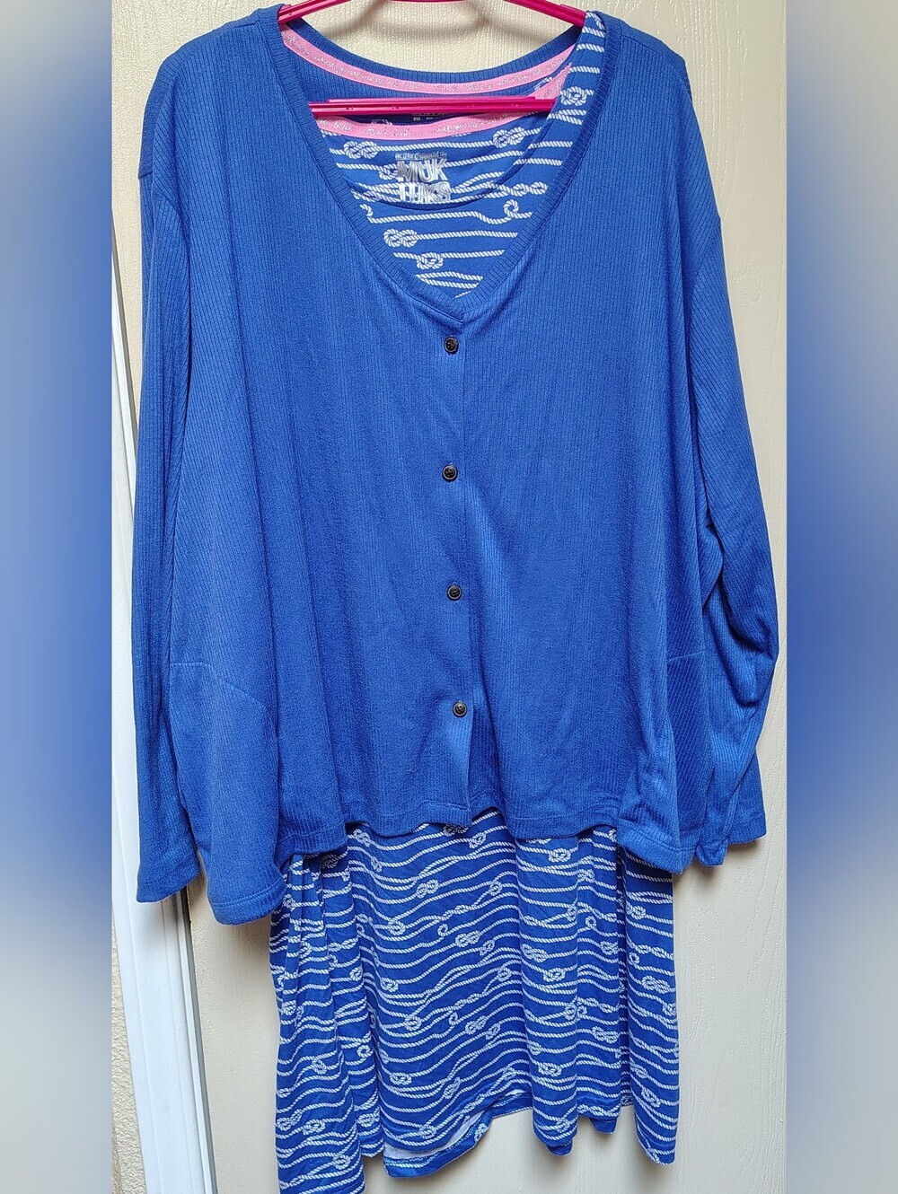 Muk Lux Blue Layered Knit Cardigan and Striped Dress Set
